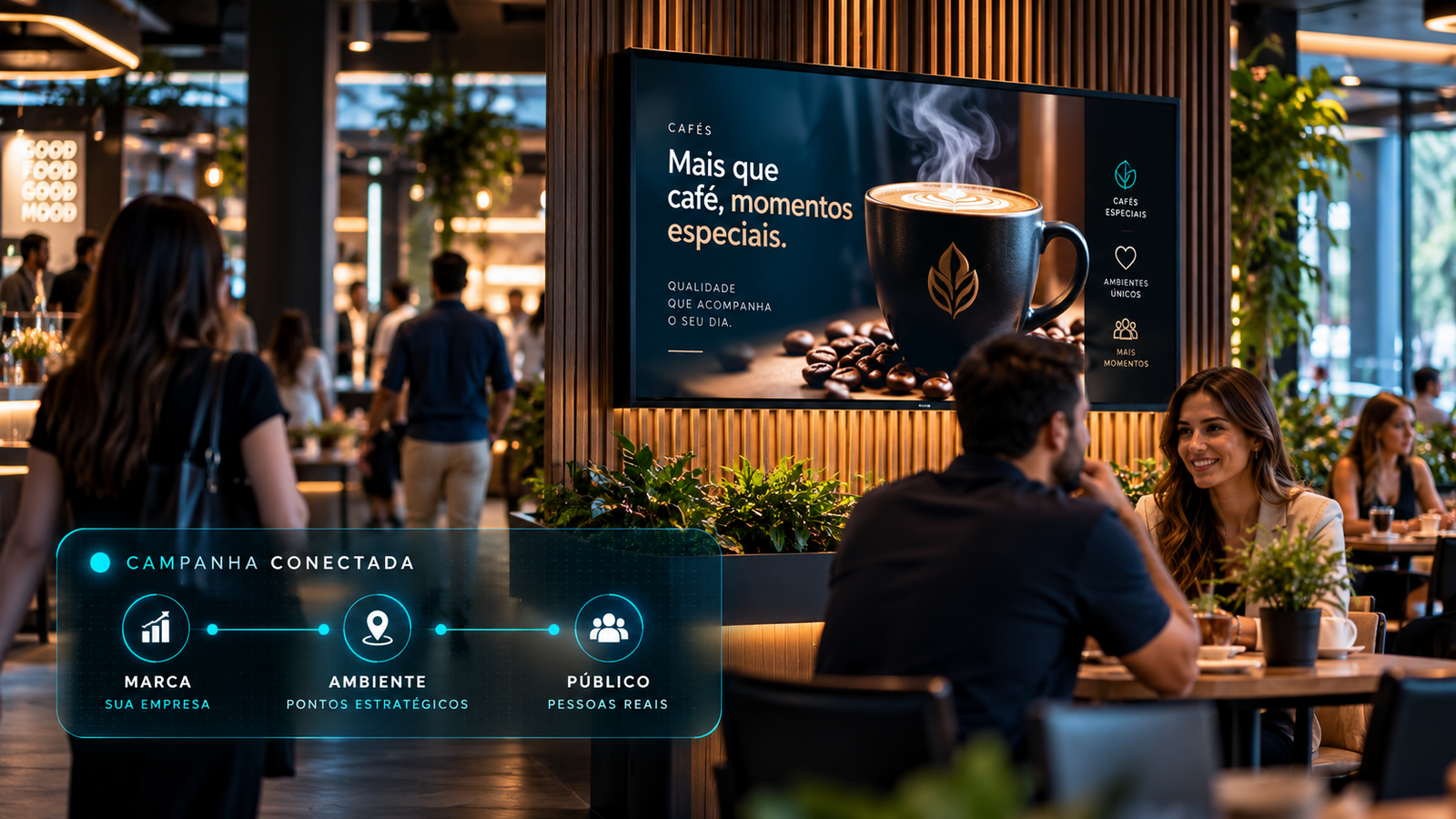 Publicidade digital de uma cafeteria exibida em uma Smart TV em ambiente comercial